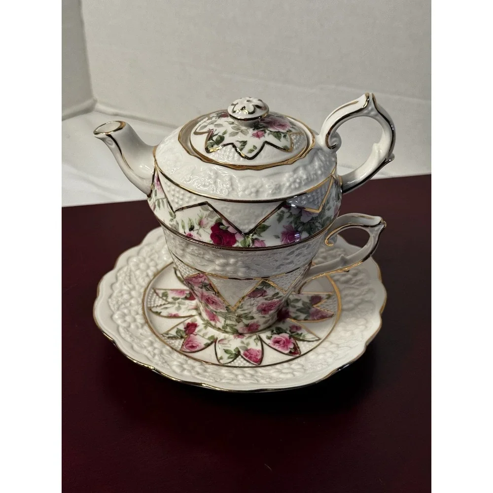 4 piece Grace teaware tea for one Rose Floral Teapot Cup Saucer & cookie‎ tray
